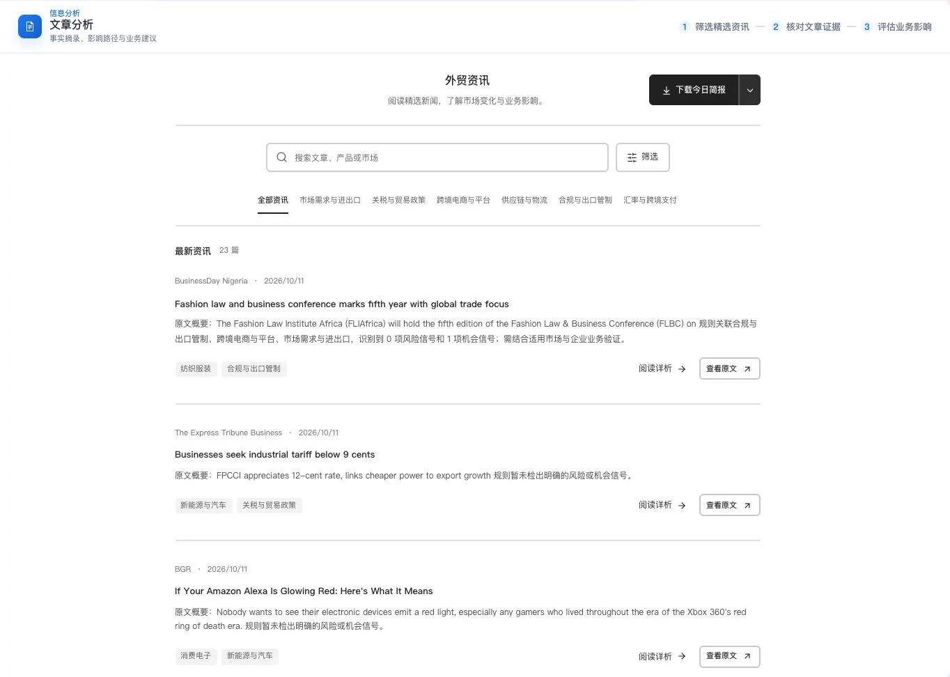 灵动谷外贸资讯列表，展示搜索分类摘要来源日期及原文和详情入口