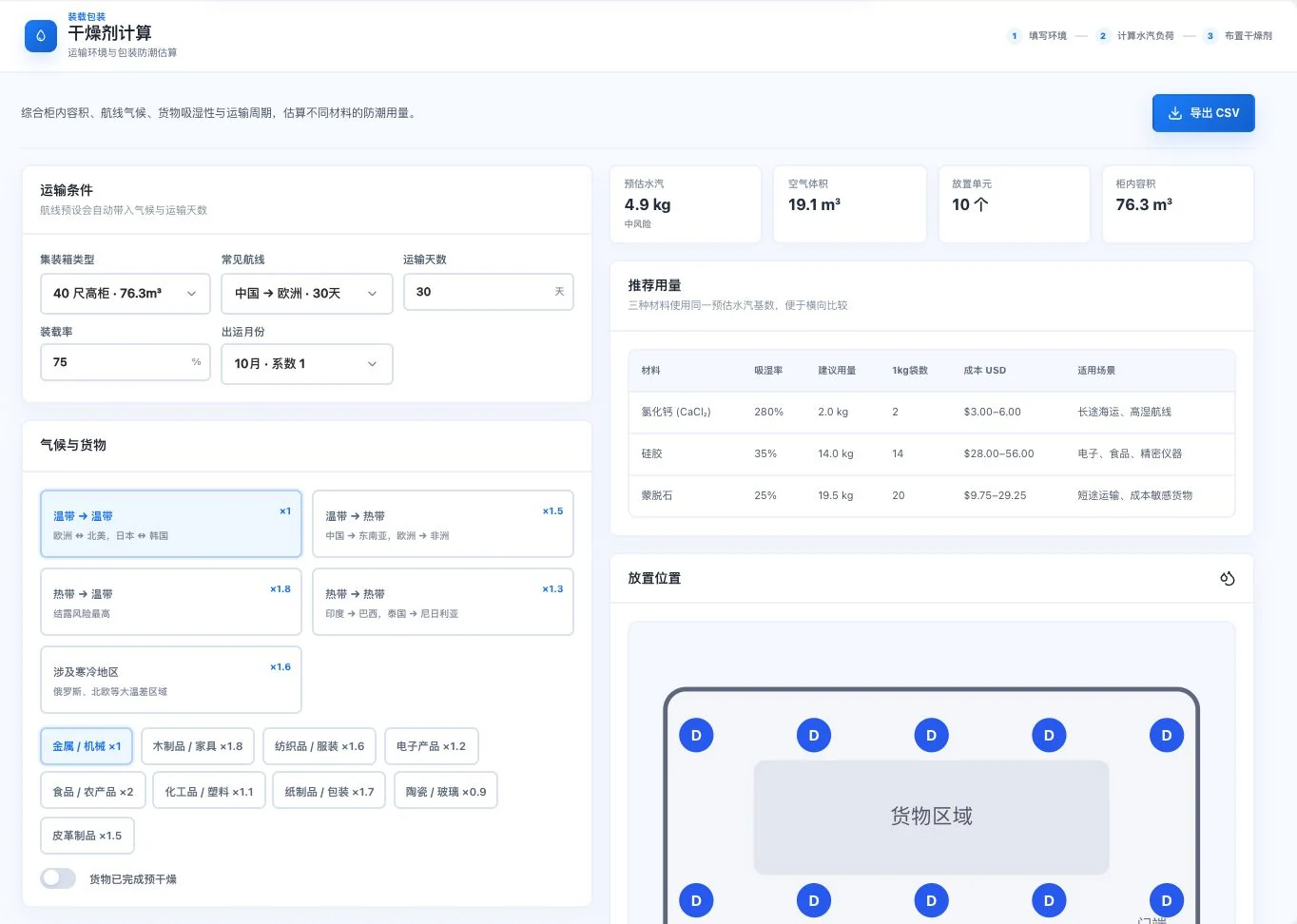灵动谷干燥剂工具默认航线柜型输入，展示三种材料估算与放置位置参考