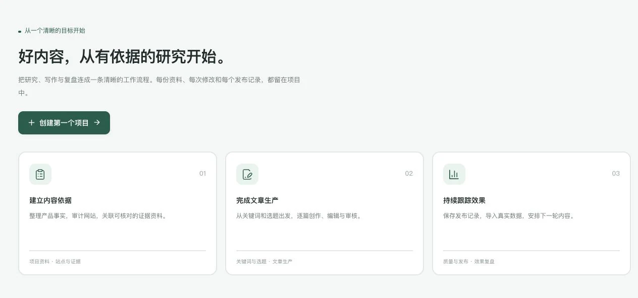 灵动谷GEO优化零项目状态的原入门画面，展示内容依据文章生产和效果跟踪三阶段