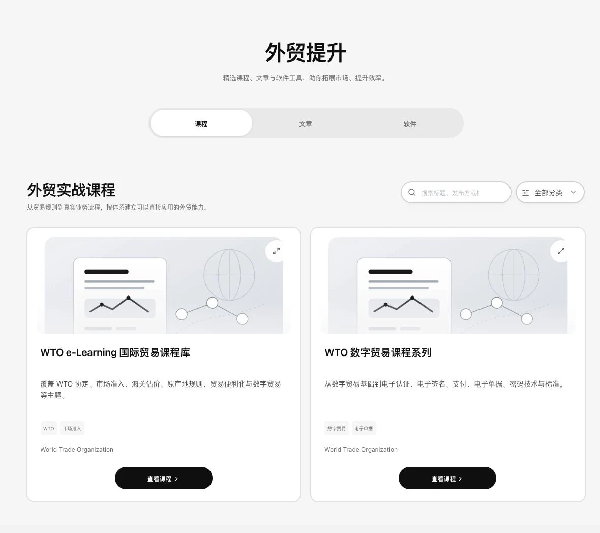 灵动谷外贸提升课程列表，展示WTO课程来源与查看课程入口