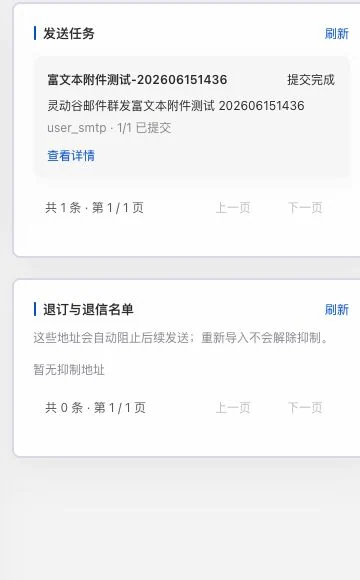 灵动谷发送任务历史显示一条旧测试任务提交完成，下方退订与退信名单为空