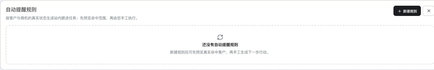 灵动谷自动提醒规则界面的真实空状态及新建规则入口